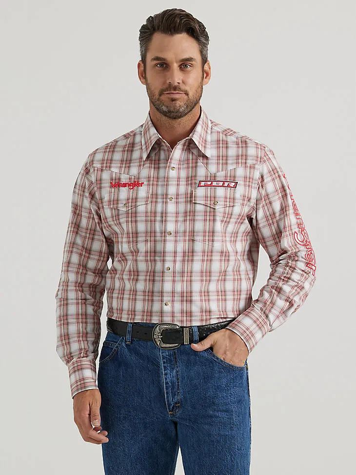 MEN'S WRANGLER® PBR® LOGO LONG SLEEVE PLAID WESTERN SNAP SHIRT IN RED TAN