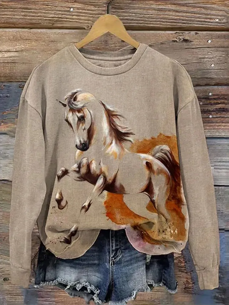 Vintage Horse Print Round Neck Long Sleeve Sweatshirt