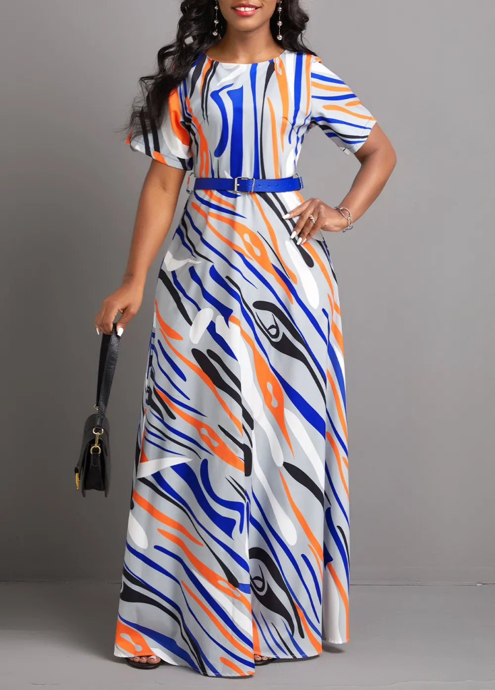 Geometric Print Zipper Multi Color Maxi Dress