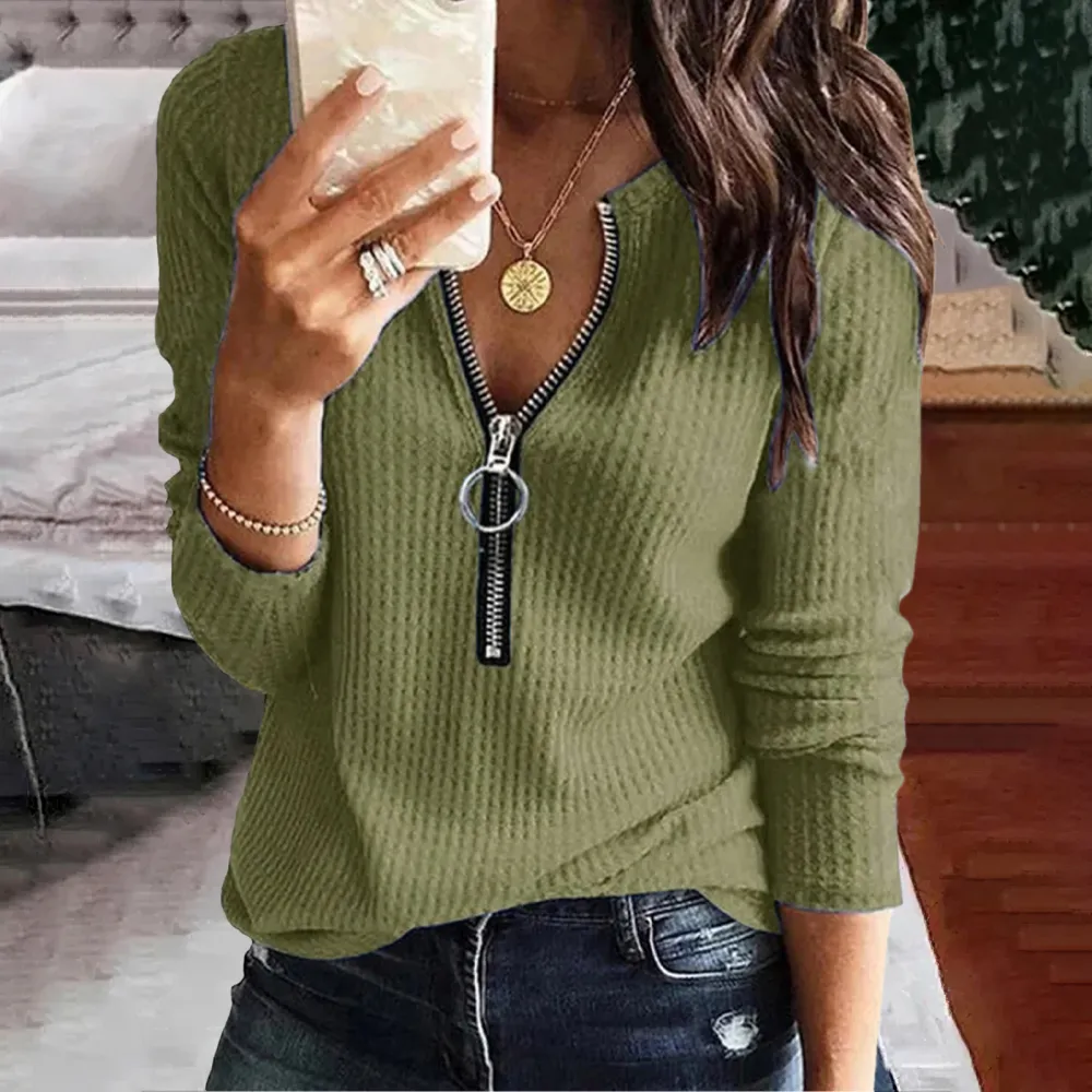 Solid Color V-Neck Zipper Long Sleeved Casual T-Shirt