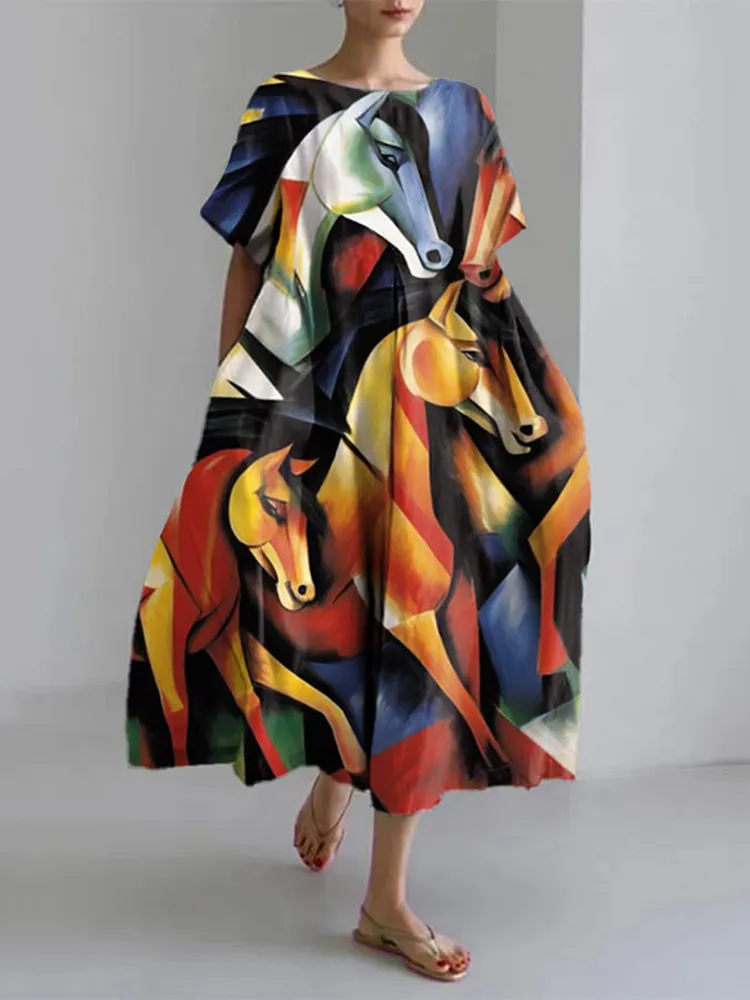 Women'S Multicolor Horse Print Linen Blend Dress