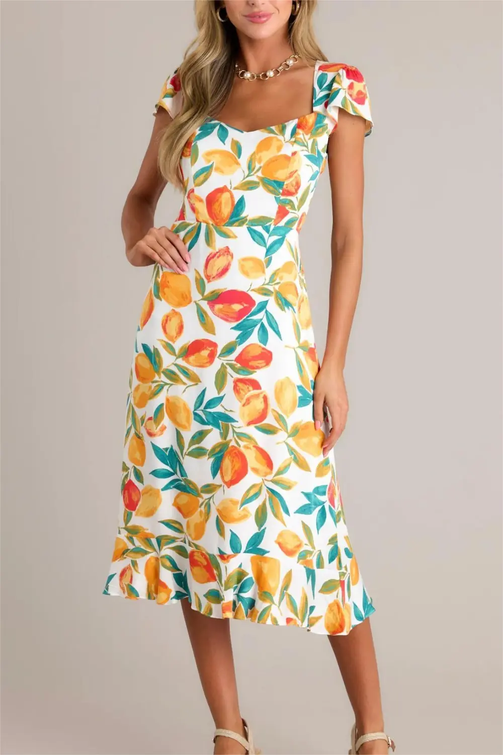 SUNSHINE & BLISS IVORY MULTI CITRUS PRINT MIDI DRESS