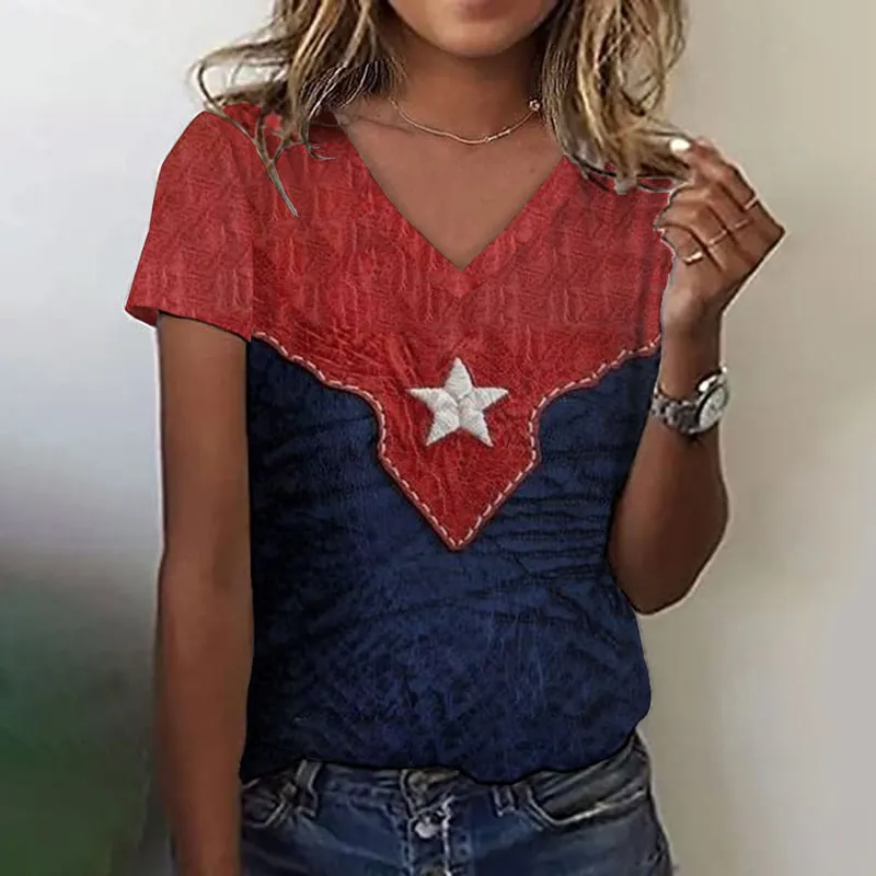 Women's Independence Day American Flag Stars Print Casual V-Neck T-Shirt