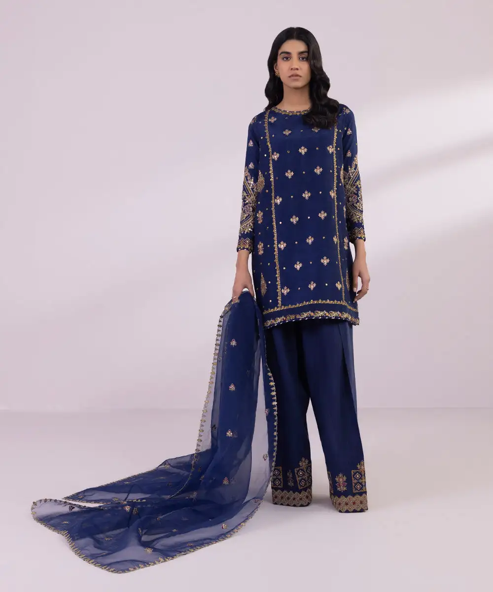 3 Piece - Embroidered Raw Silk Suit