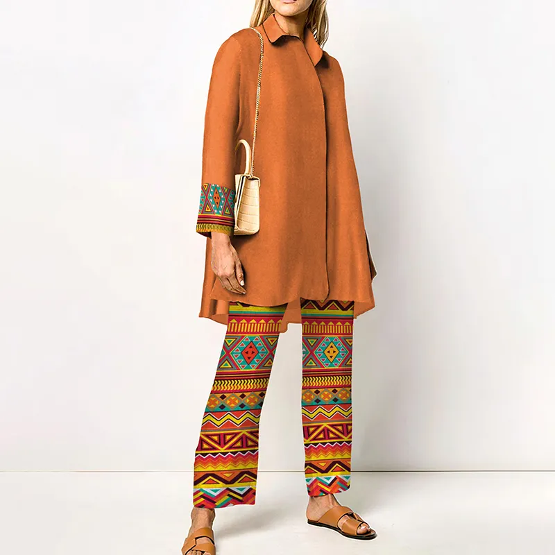 Ethnic Print Long Sleeve Two Piece Set