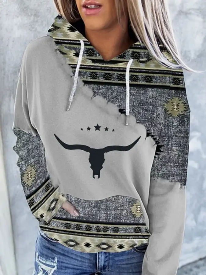 🔥Buy 3 Get 10% Off🔥Women's Western Ethnic Print Hooded Sweatshirt