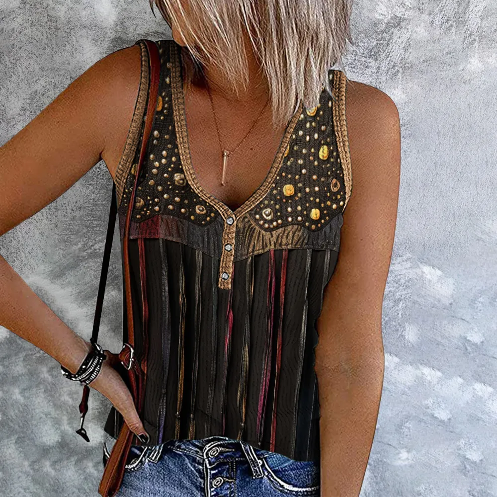 Western Tassels Button Up Casual Tank Top