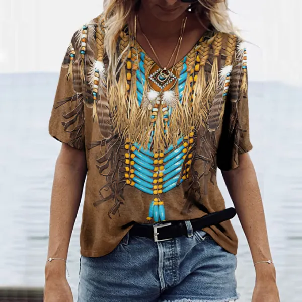 Western Retro Casual Tribal Print T-Shirt