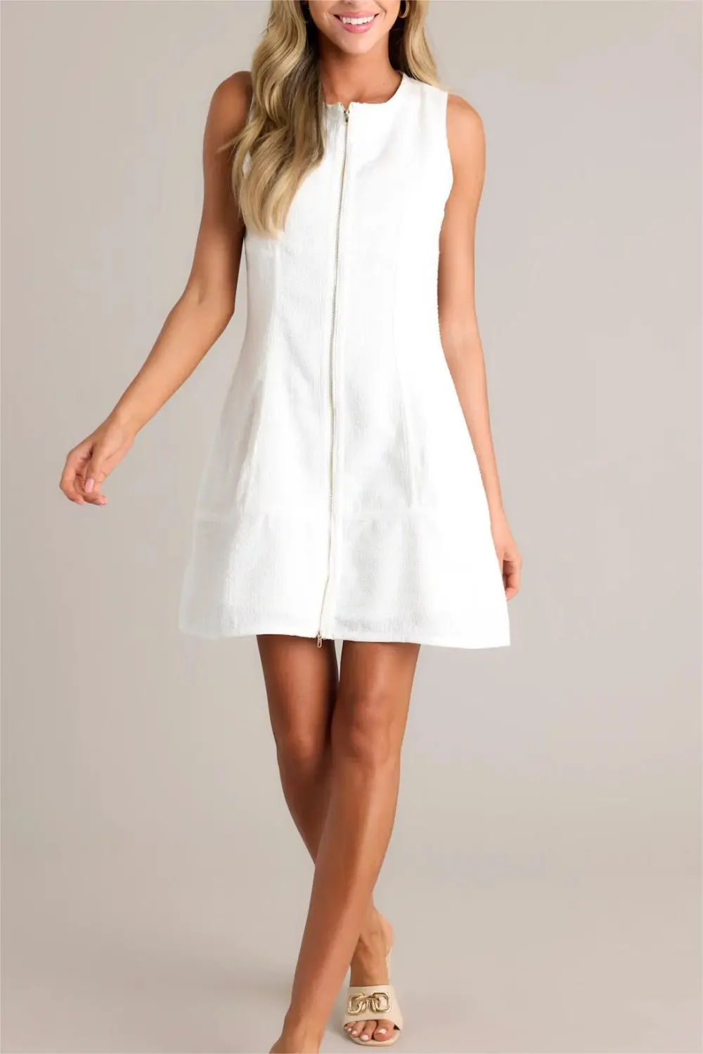 POSH PERFECTION IVORY TWEED ZIP FRONT MINI DRESS