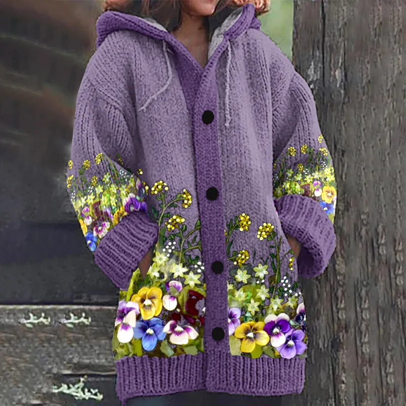 Pansy Floral Art Cozy Casual Hooded Long Cardigan