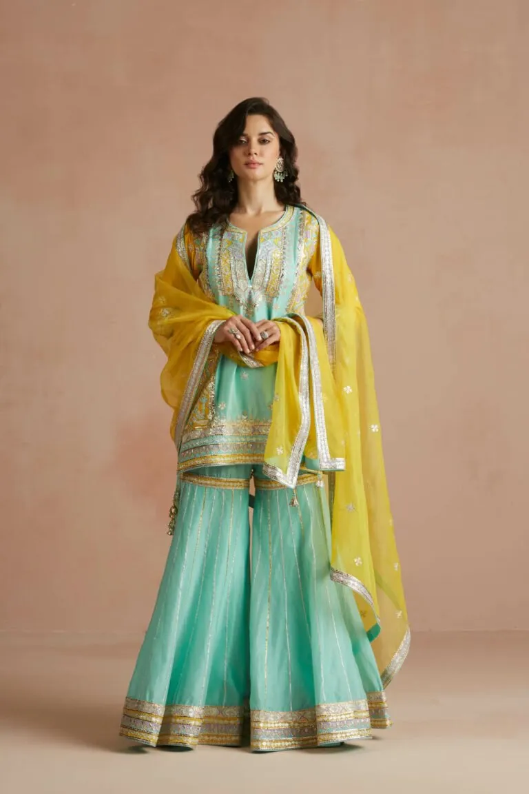 Dark Sea Green & Yellow Color Block Gharara Set