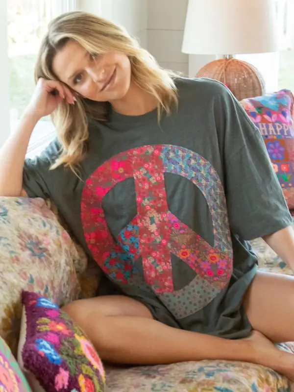 Oversized Cotton Applique Tee - Charcoal Peace Sign