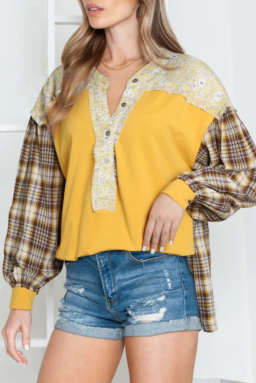 Yellow Floral Plaid Mixed Print Bishop Sleeve Patchwork Top