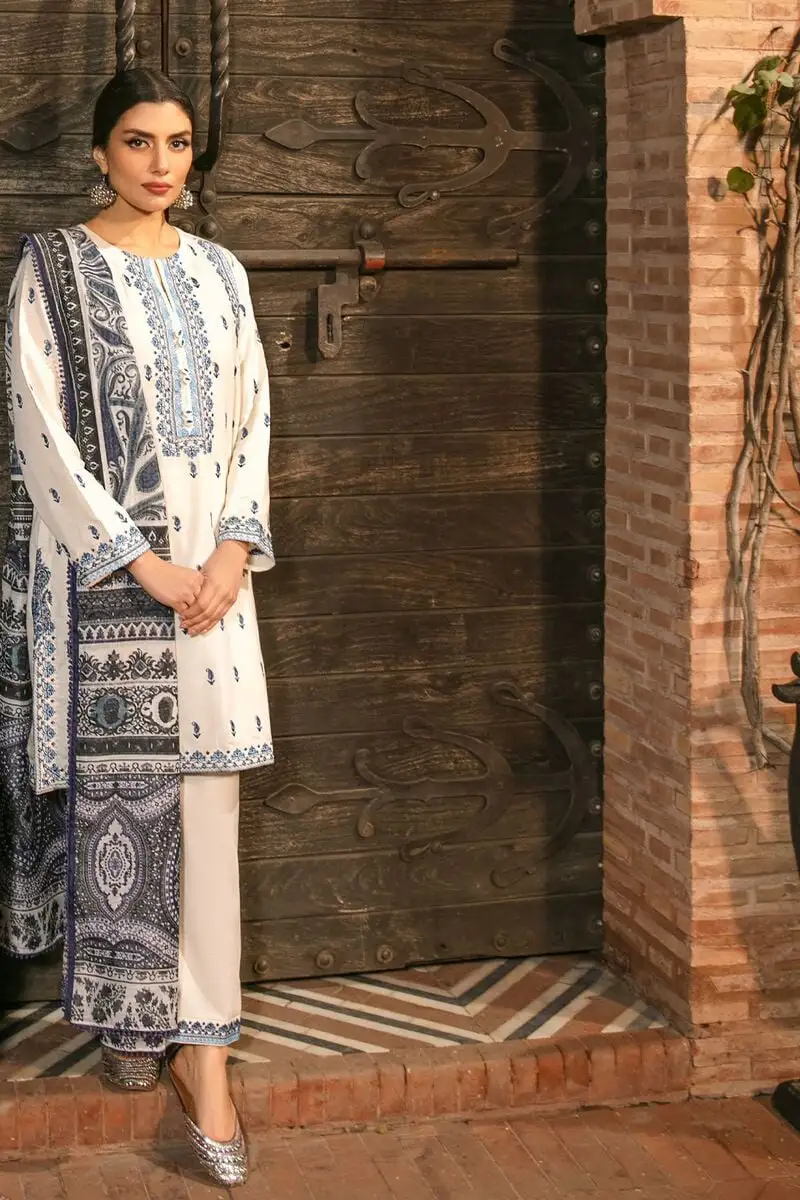 3 Piece Kurta Embroidered | Dupatta& Bottom & Tops | Color gray and white