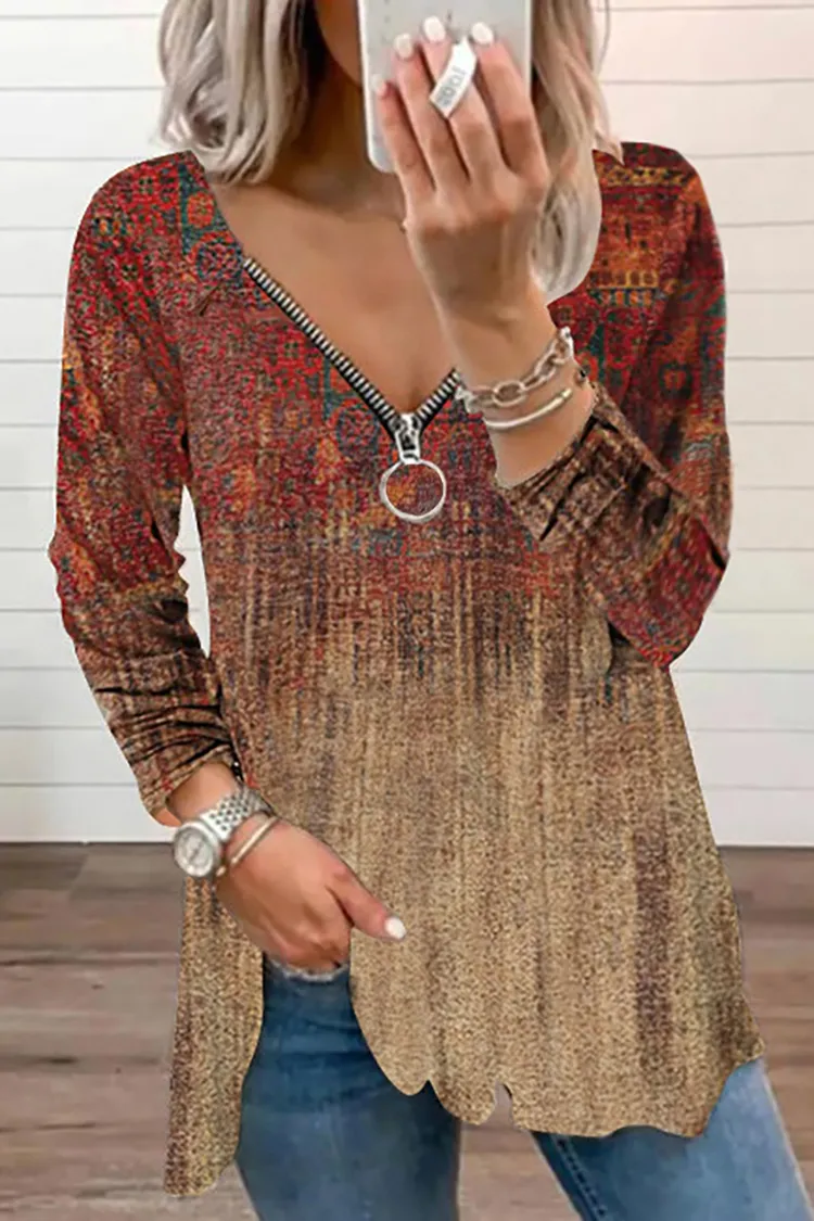 Vintage Print V-Neck Zip Long Sleeve T-Shirt