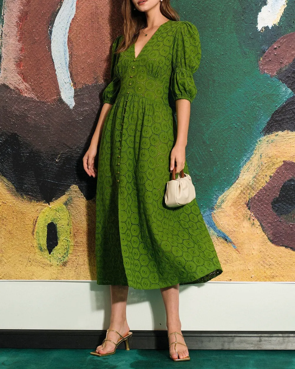 Fruit green retro print dress