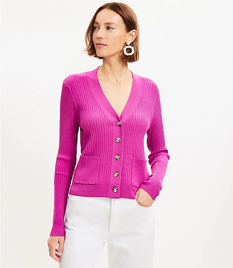 Mixed Ribbed Pocket V-Neck Cardigan