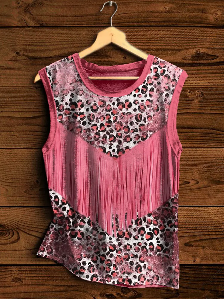 Western Tassels Leather Art Leopard Vintage Tank Top