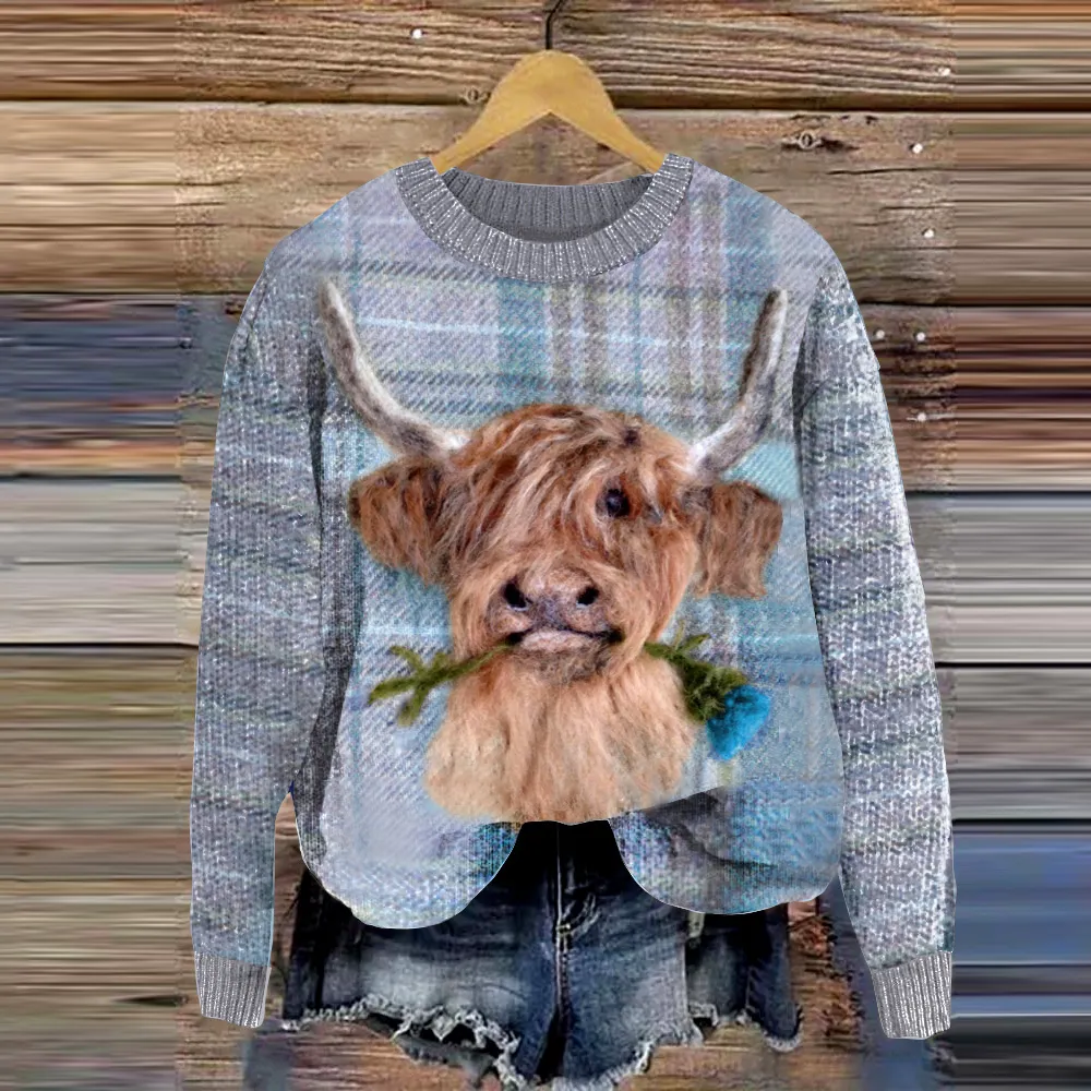 Highland Cow Greetings Wool Felt Knitted Pullover Sweater