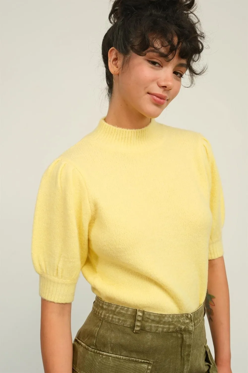 Yellow Mock Neck Puff Sleeve Sweater