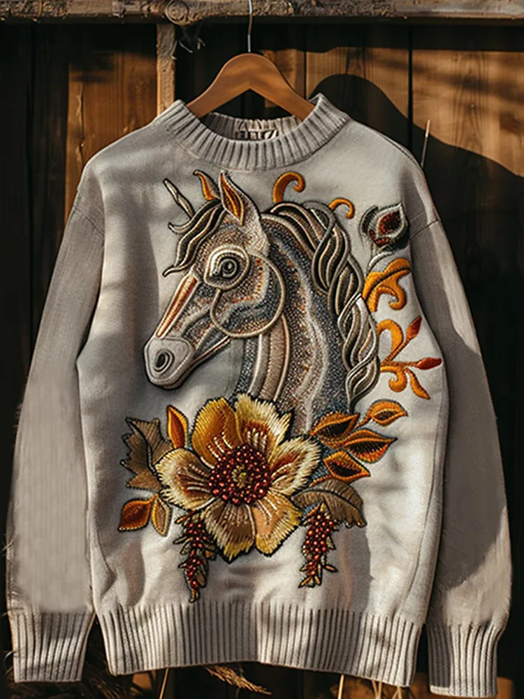 Western Horse Print Round Neck Casual Sweatshirt