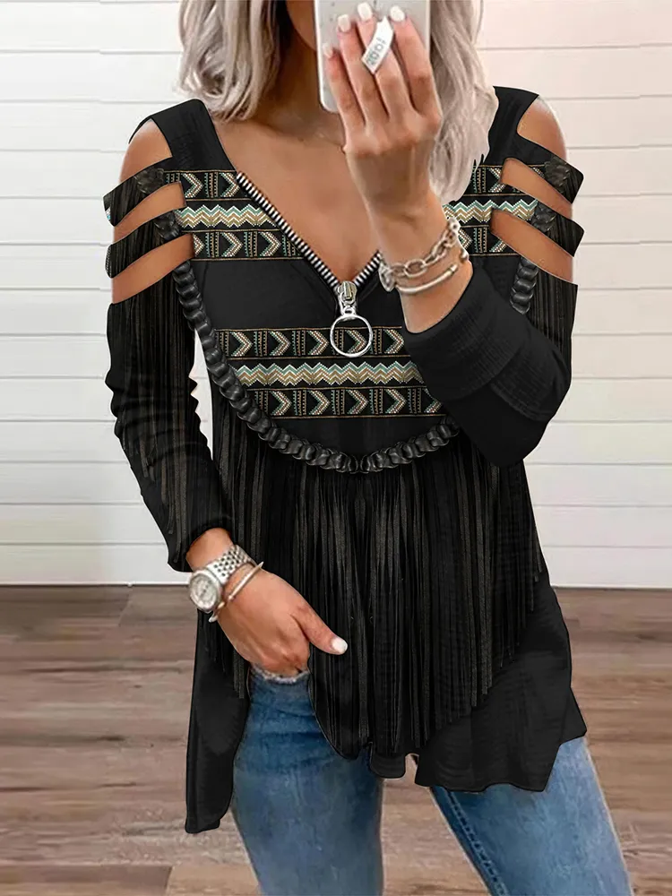 Women's Vintage Tribal Tassels Hollow Out Casual T-Shirt