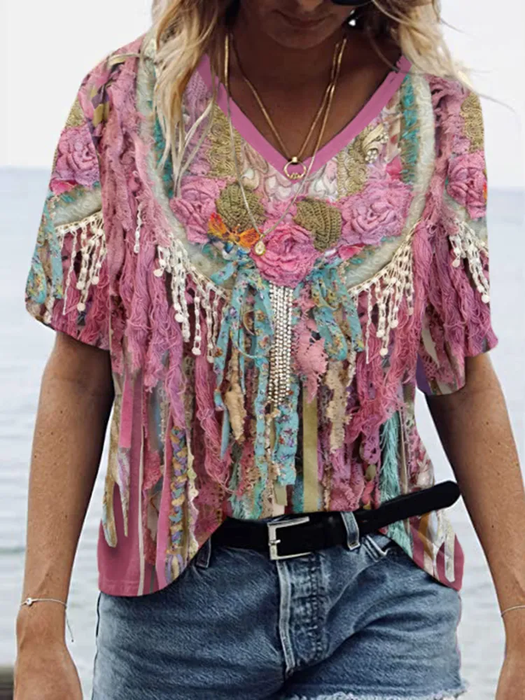 Western Tassel Print V-Neck Short Sleeved Casual T-Shirt