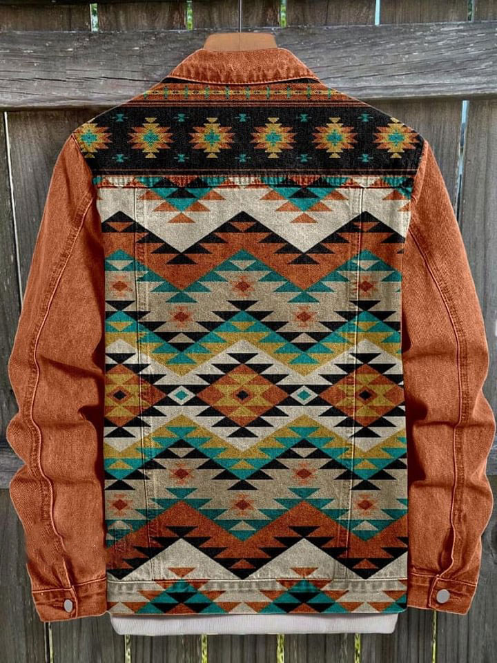 Vintage Orange Brown, Persian Print Casual Denim Jacket