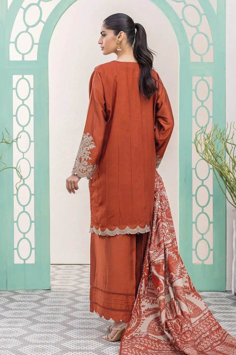 3 Piece Kurta Embroidered | Dupatta& Bottom & Tops | Color Red-brown