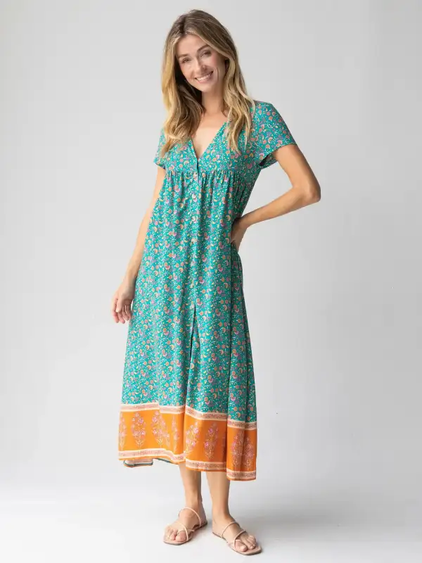 Avery Midi Dress - Turquoise Floral Border