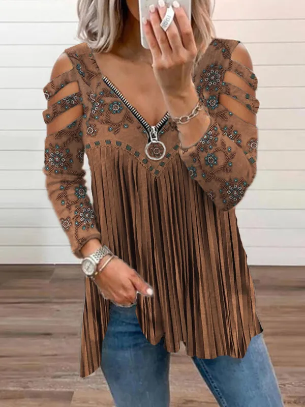 Western Vintage Fringe Hollow Shoulder T Shirt