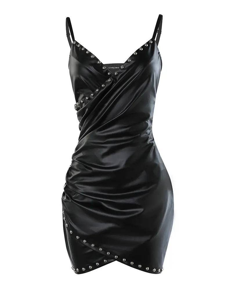 Overlap Ruched Beaded PU Leather Bodycon Dress