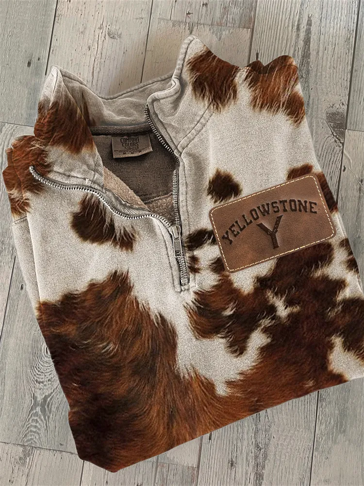 Western Logo Leather Patch Cowhide Zip Up Sweatshirt