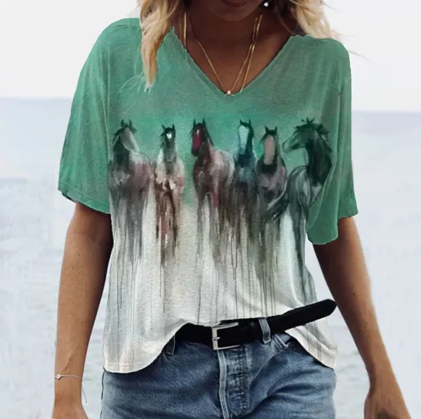 Vintage Watercolor Horse Print V Neck T Shirt