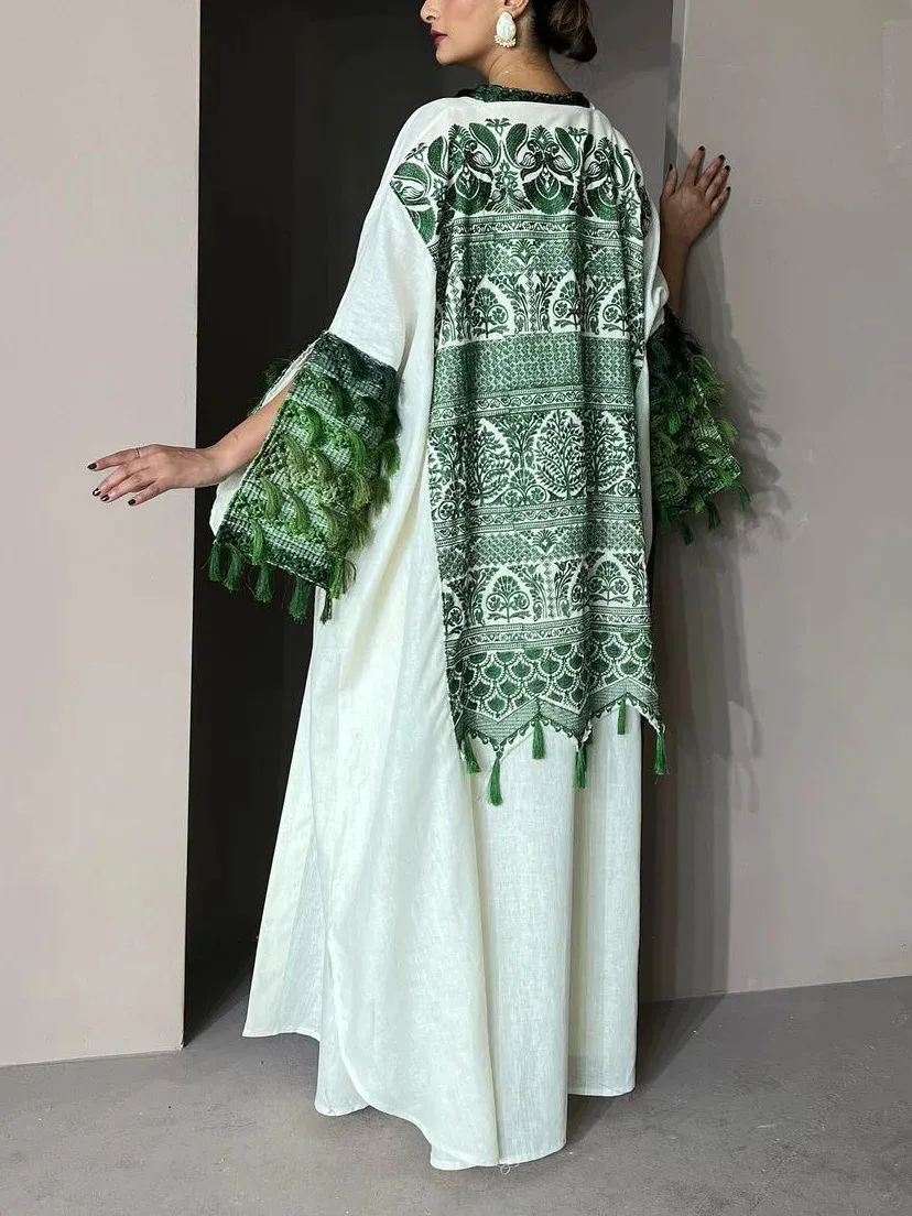 Ethnic Embroidery with Tassels Round Neck Long Sleeve Kaftan