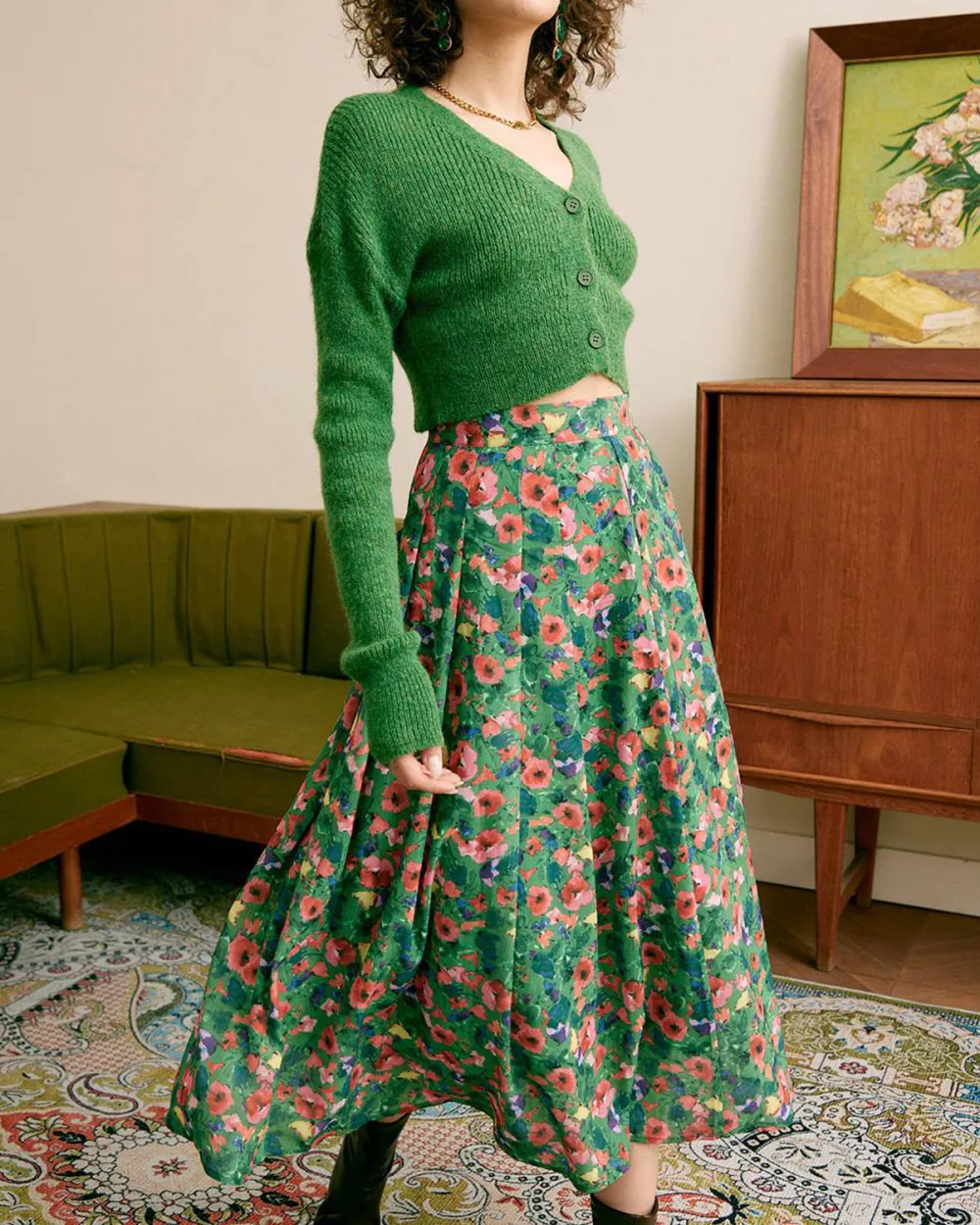 Green mid-length floral slit skirt