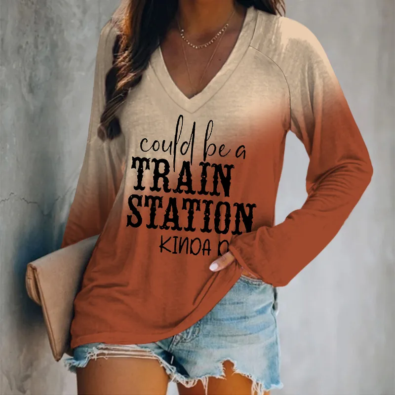 Could Be A Train Station Kinda Day V Neck Long Sleeve T-Shirt