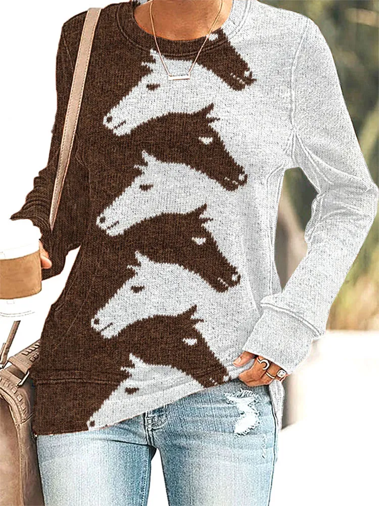 Western Horses Knit Art Print Casual Sweatshirt