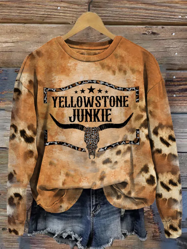 Classic Western Bull Skull Leopard Graphic Comfy Sweatshirt