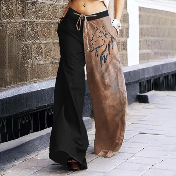 Vintage Horse Western Style Color Blocking Wide Leg Pants