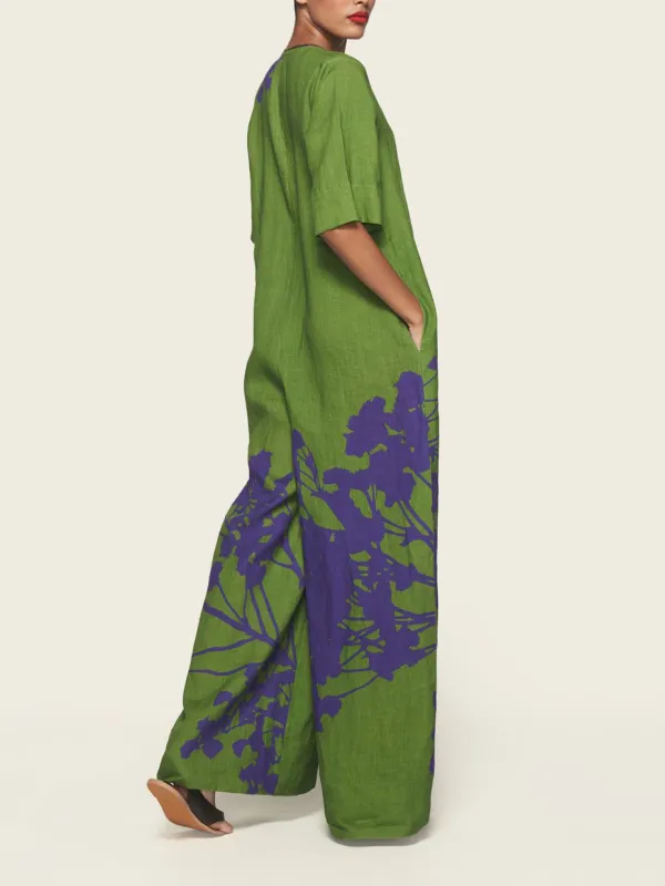 Short-sleeved green plant print jumpsuit