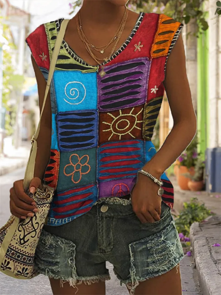 Ethnic Hippie Patchwork Art V Neck Tank Top