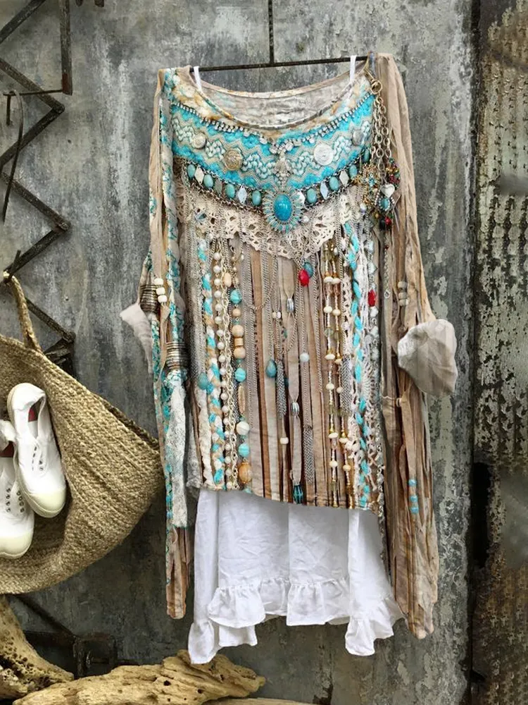 Boho Turquoise Fringe Linen Flowy Blend Tunic