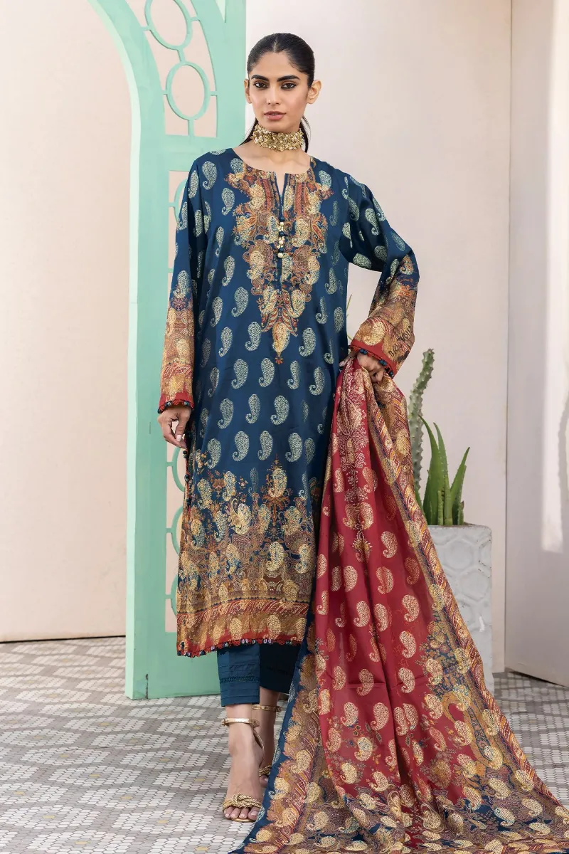 3 Piece Kurta Embroidered | Dupatta& Bottom & Tops | Color Dark Blue