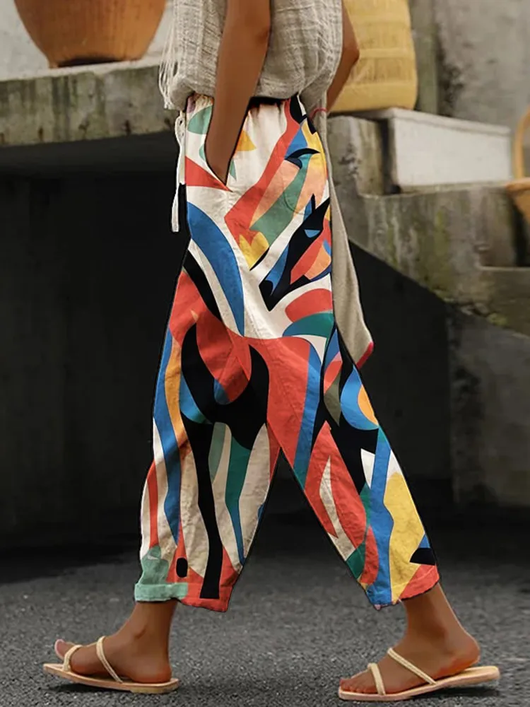 Women's Animal Horse Printed Linen Blend Casual Pants