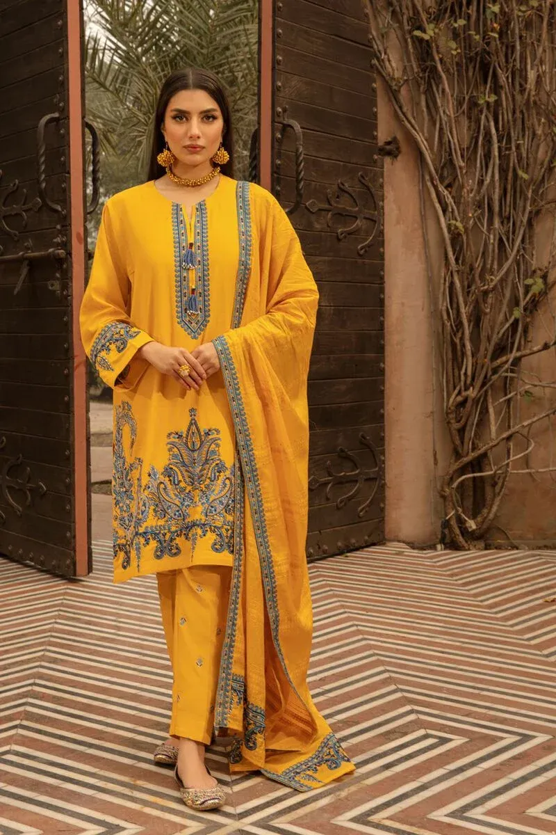 3 Piece Kurta Embroidered | Dupatta& Bottom & Tops | Color yellow