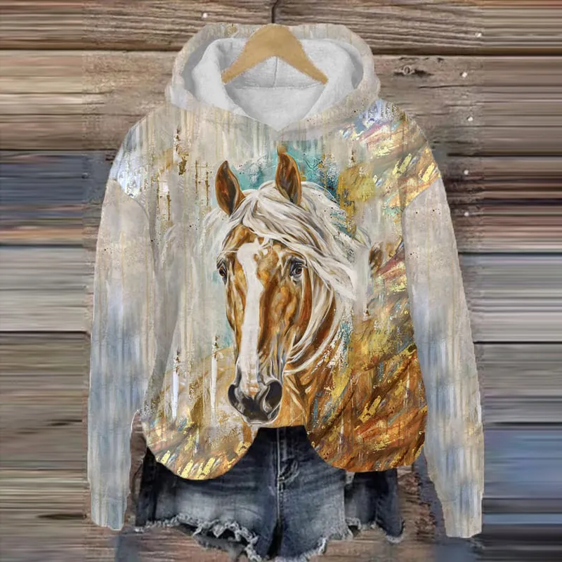 Oil Painting Horse Print Horse Lovers Casual Hoodie