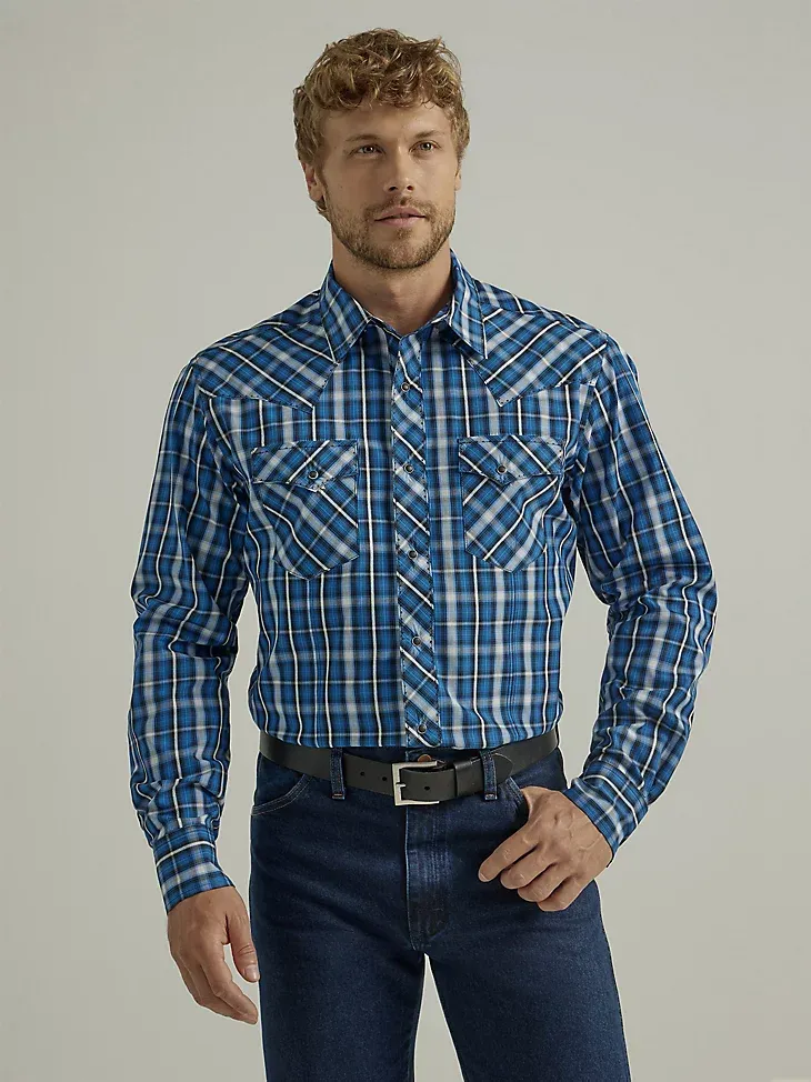 MEN'S LONG SLEEVE FASHION WESTERN SNAP PLAID SHIRT IN STRONG BLUE