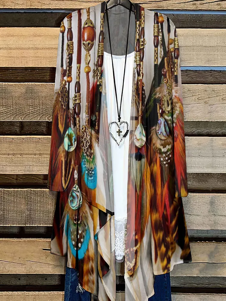 Western Tribal Feather Print Cardigan