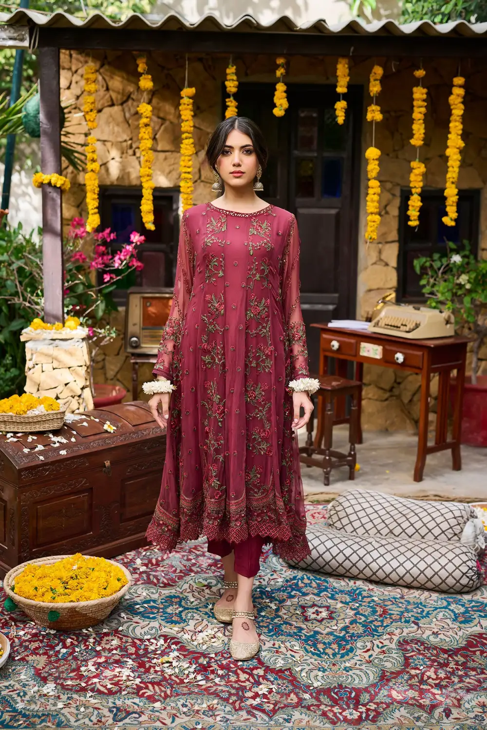 MAROON  2PCS  EMBROIDERED KURTA WITH TROUSER